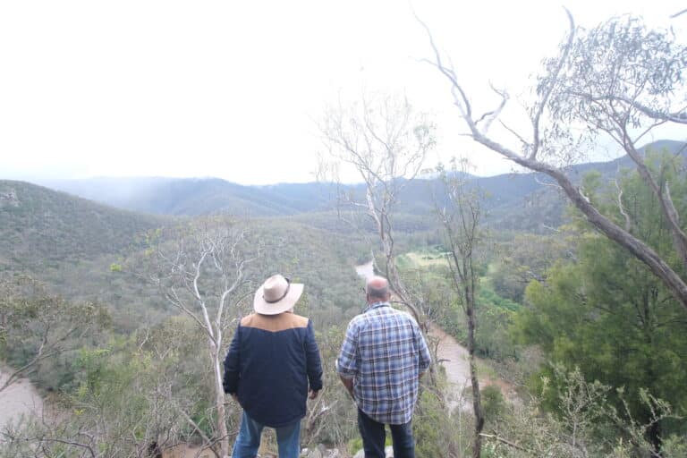 Bushwalk Towards Wonangatta Station A local guide and a companion look out over the vast Wonangatta valley from a high vantage point.