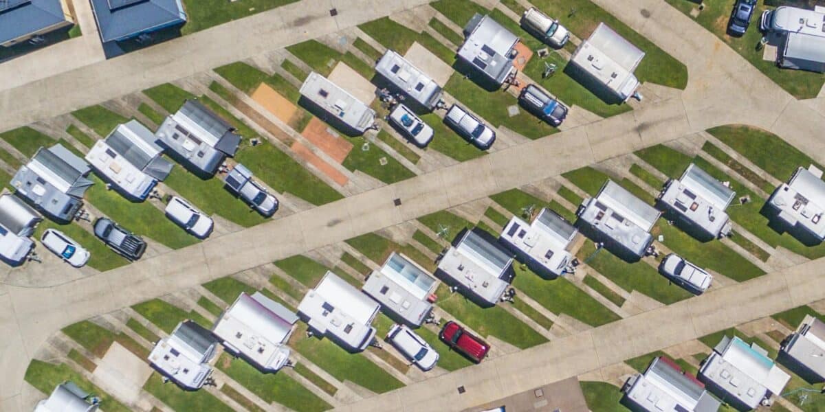 Aerial shot of the drive-through campsite at the Scarborough Holiday Village
