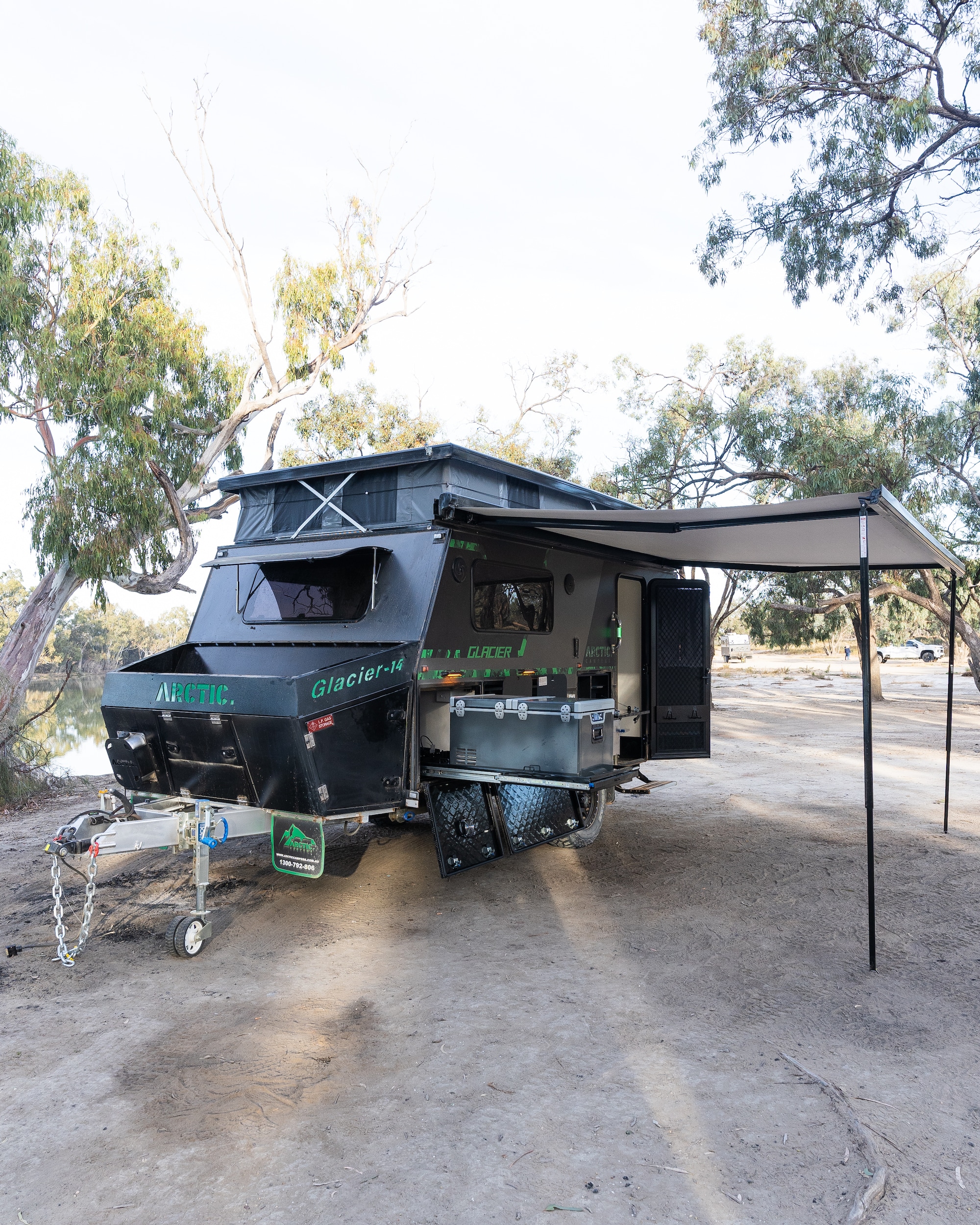 The external kitchen on the Arctic Glacier includes a slide-out fridge. Lots of good off-road gear up front including a DO35 coupling and an ARK XO series jockey wheel