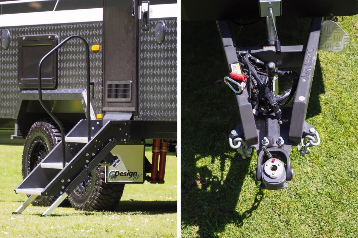 This foldaway staircase improves access to the caravan sitting high on mud terrain xxin tyres and a 6in chassis. Next to that, a DO35 coupling
