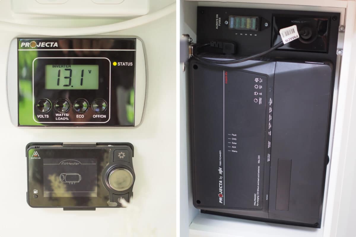 Left: Digital displays provide easy access to the AUFocus diesel heater and Projecta Battery Management System. Right: and now, the brains. A Projecta PM335C smart battery management system