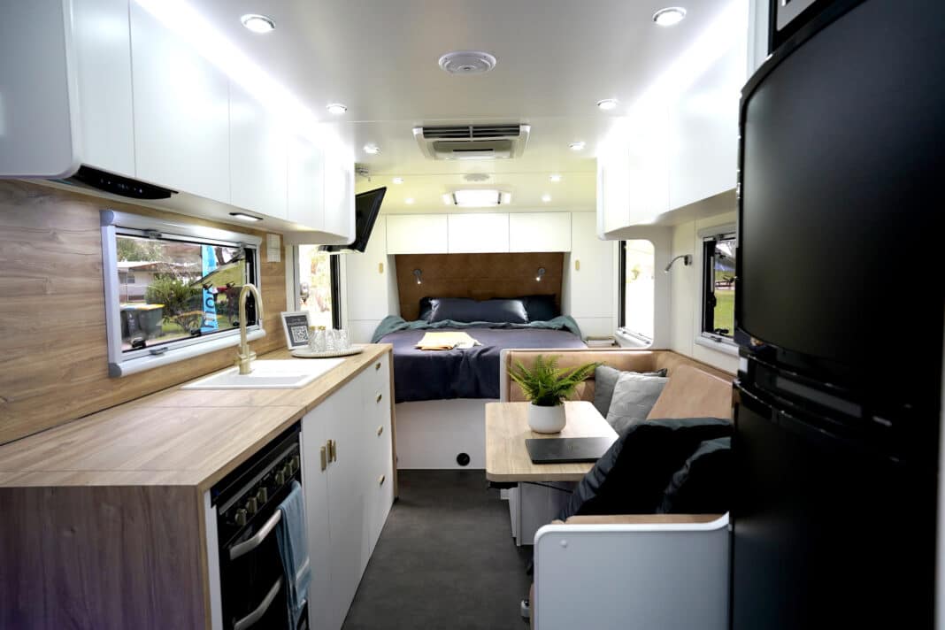 Tall ceilings enhance the interior of the