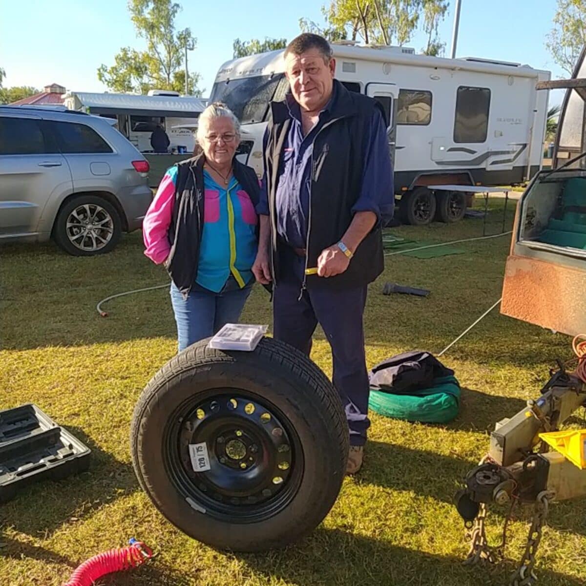 Helen and Parker showed us how to plug a Tyre at Melagata Station