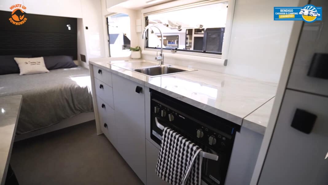 Water fall benchtops on the Vivid Explorer