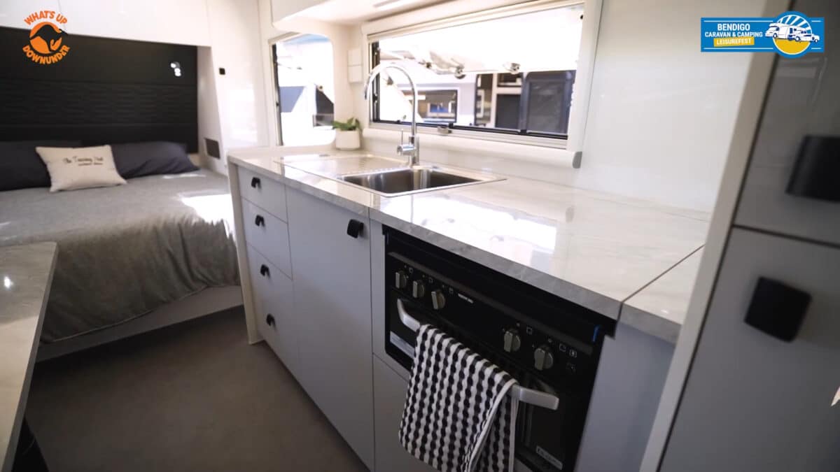 Water fall benchtops on the Vivid Explorer