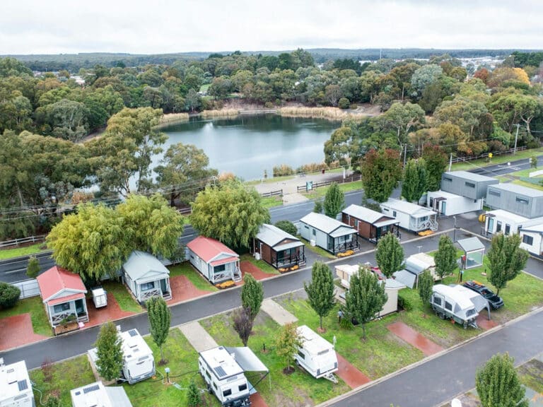 Aerial view of a residential caravan park used for long-term living in Australia
