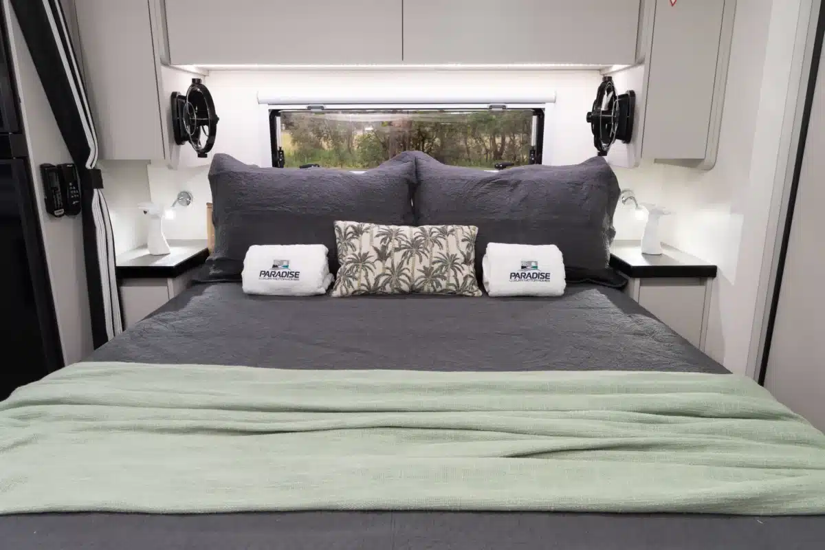 Main bedroom bed layout inside the Paradise Independence Platinum motorhome