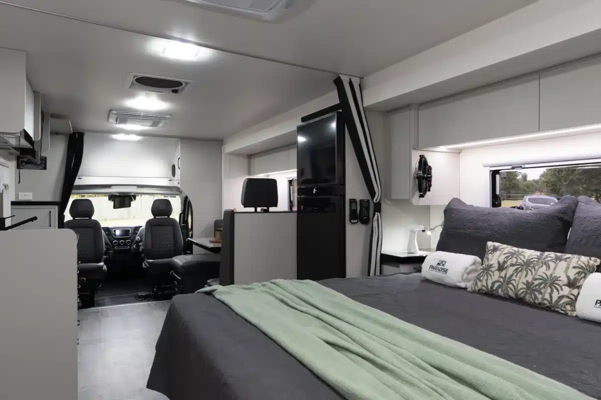 View from the bedroom into the living area of the Paradise Independence Platinum motorhome