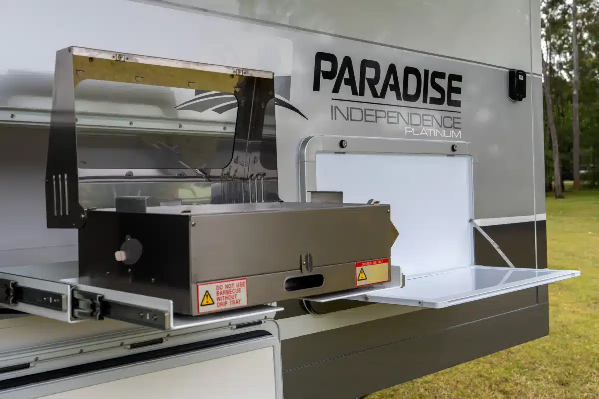 External BBQ slide-out on the Paradise Independence Platinum motorhome