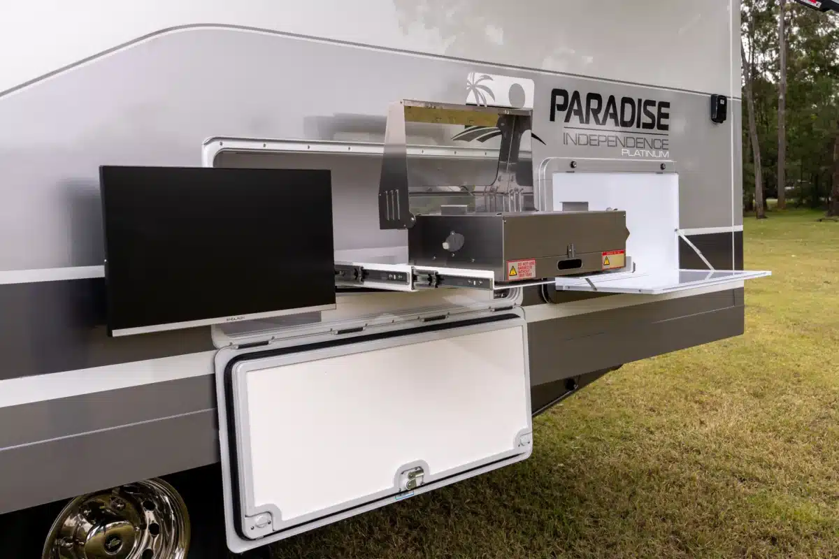 External BBQ and TV setup on the Paradise Independence Platinum motorhome