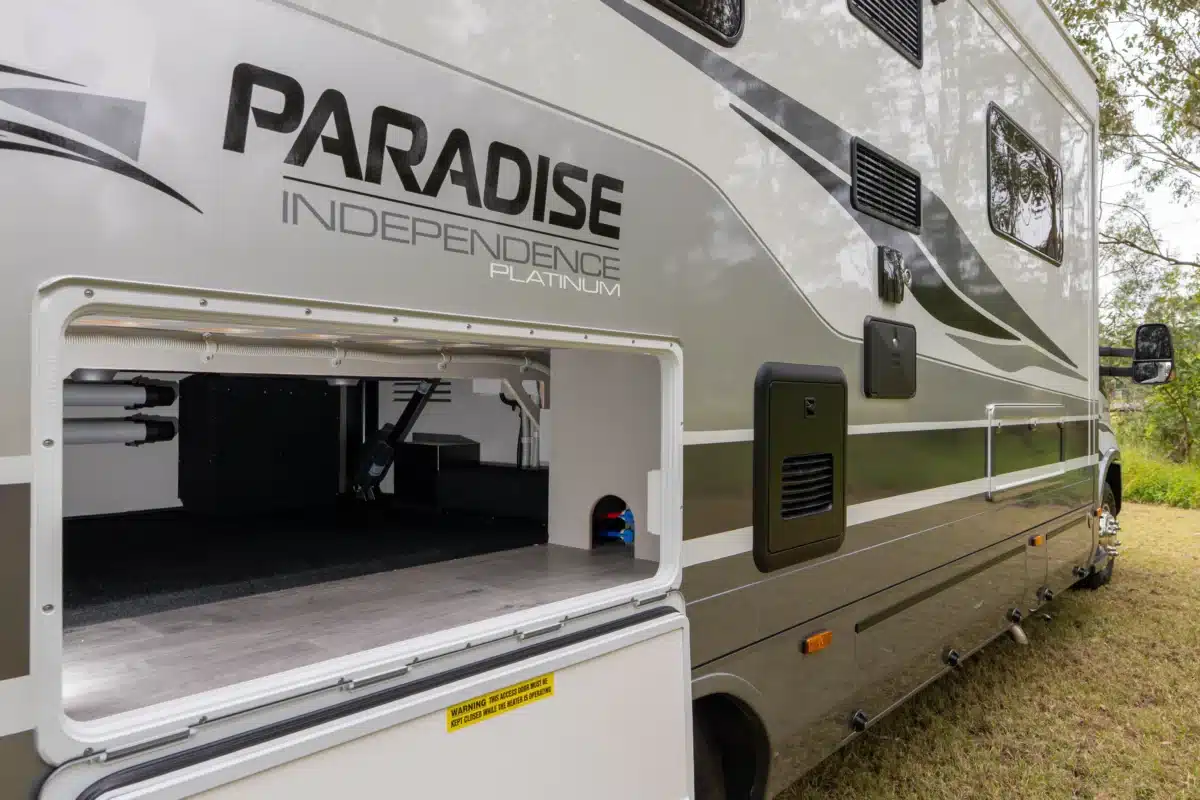 Large external storage compartment on the Paradise Independence Platinum motorhome