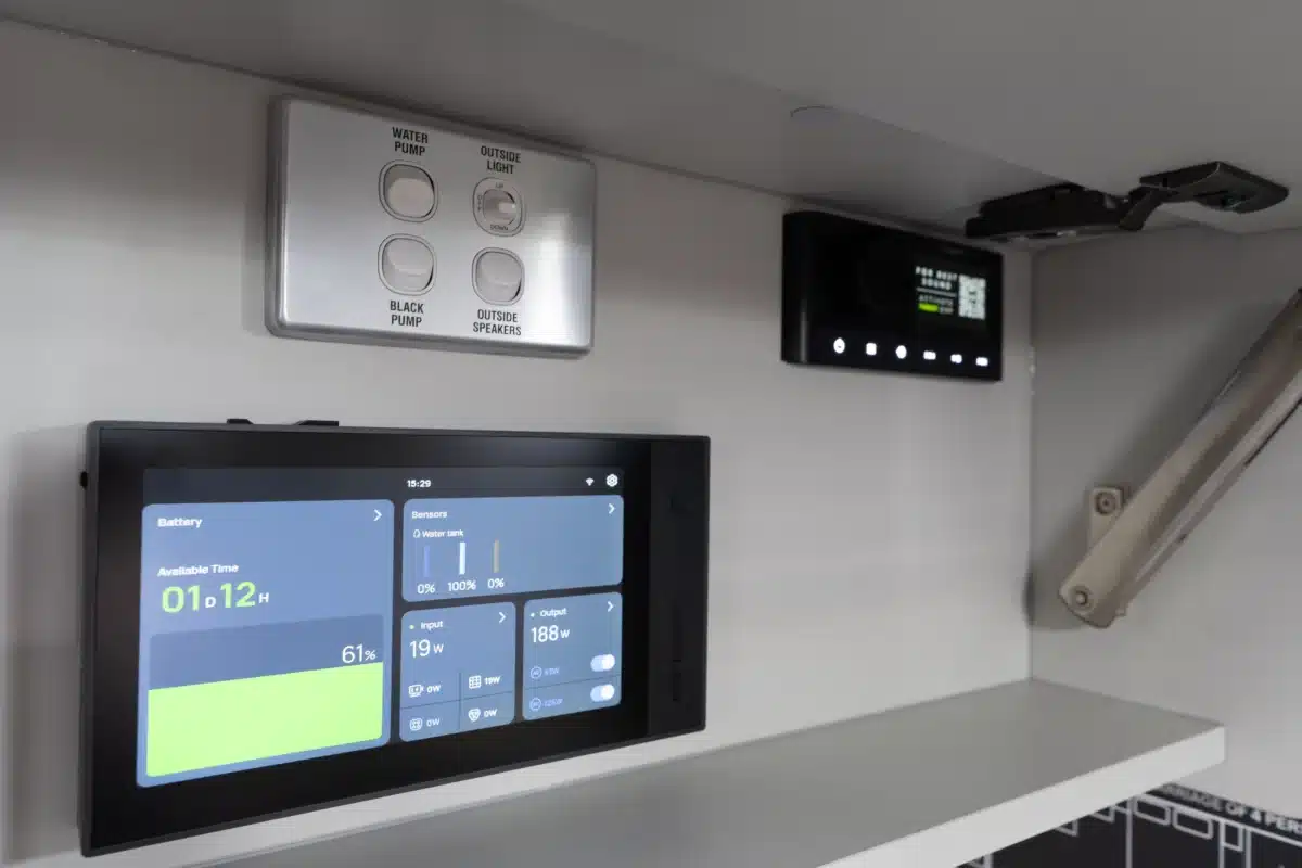 Power management and control displays inside the Paradise Independence Platinum motorhome