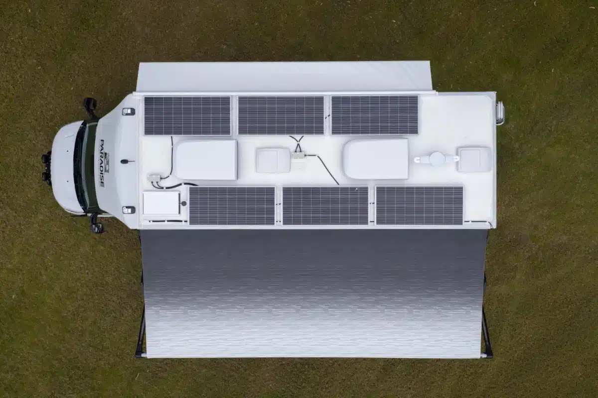 Roof view of the Paradise Independence Platinum motorhome showing solar panel layout