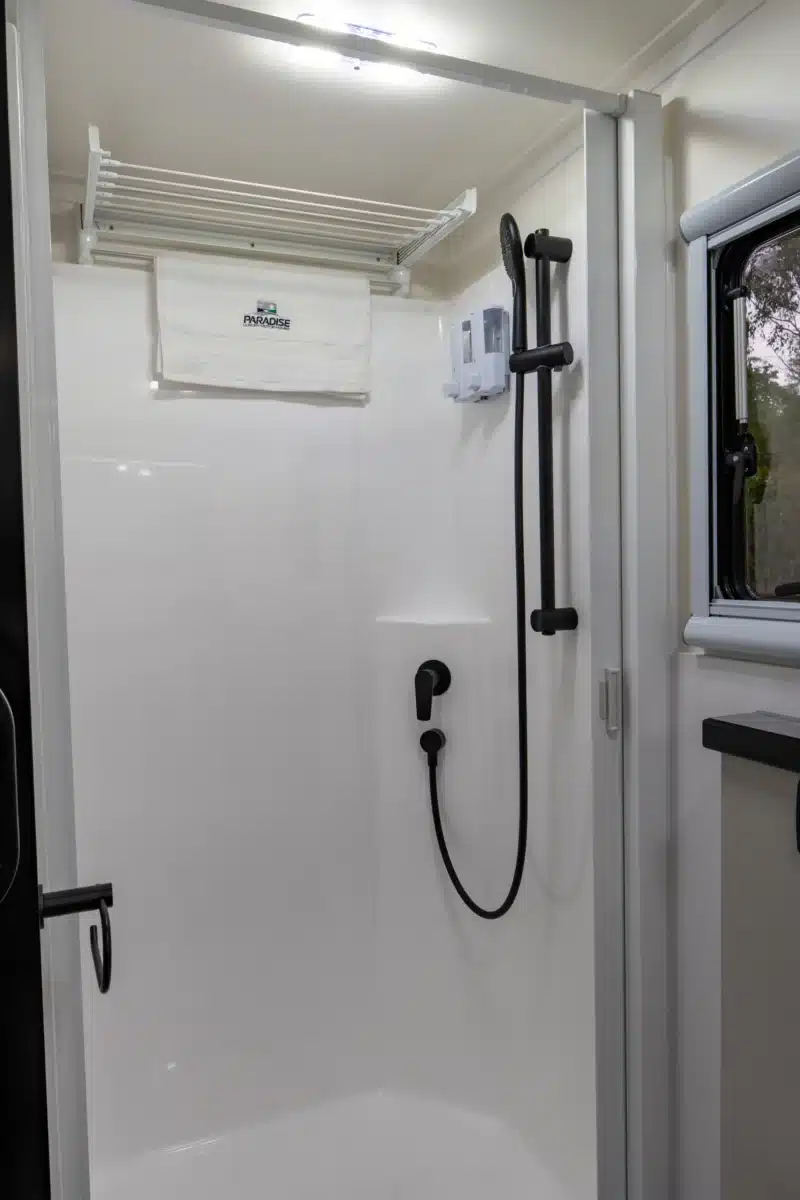 Shower cubicle inside the Paradise Independence Platinum motorhome ensuite