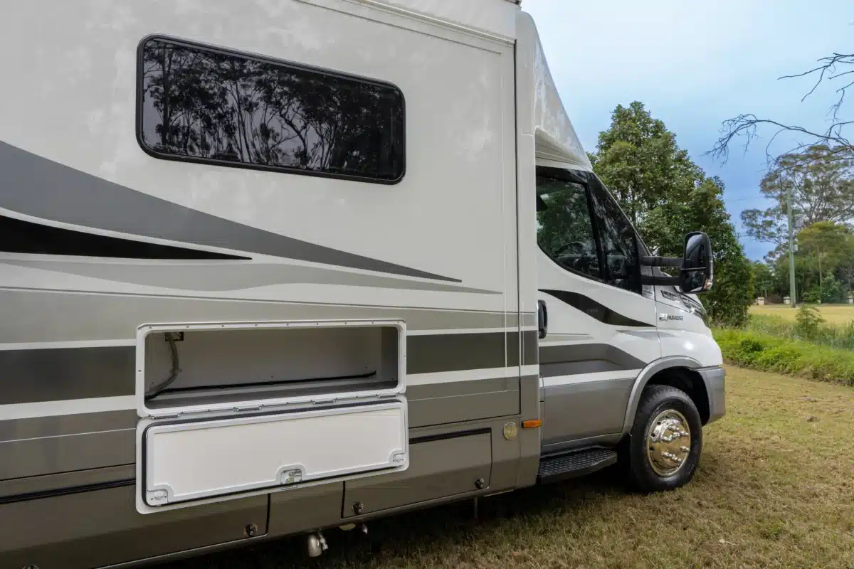 Side access hatch on the Paradise Independence Platinum motorhome exterior