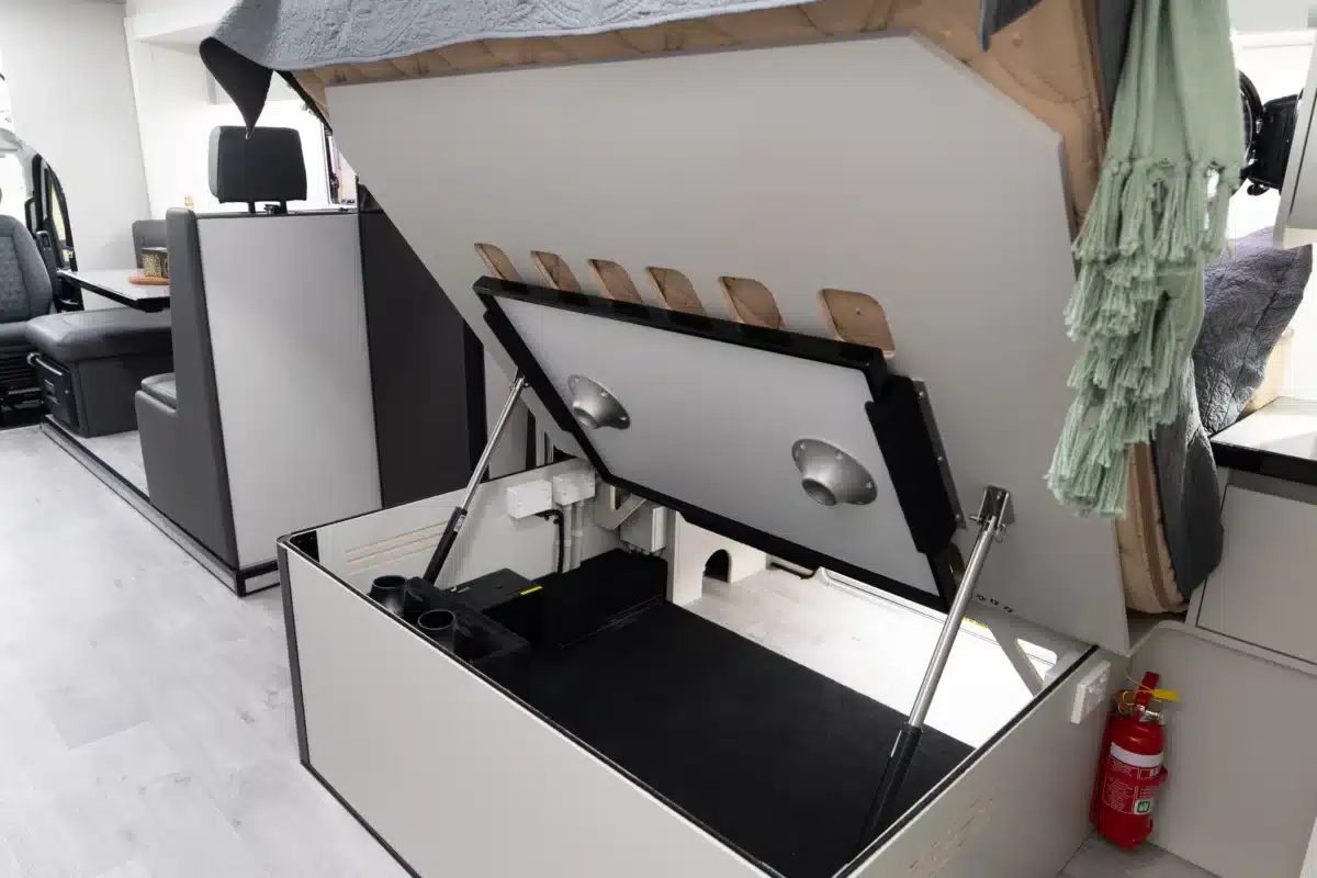 Under-bed storage compartment inside the Paradise Independence Platinum motorhome