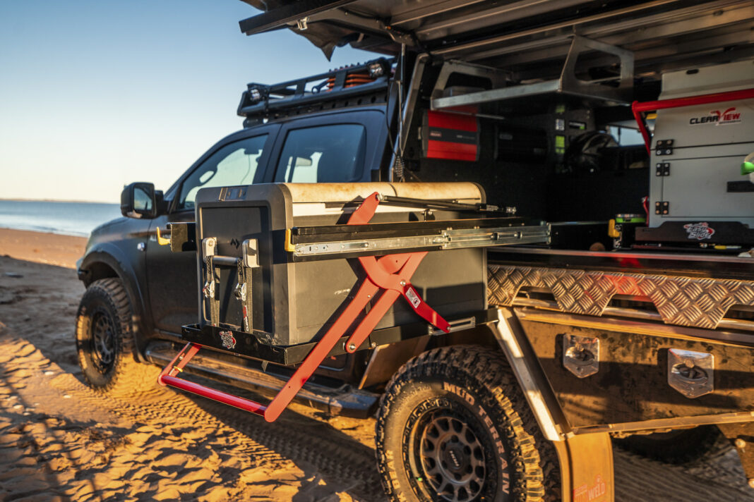 The manually operated drop down easy slide fridge slide from Clearview
