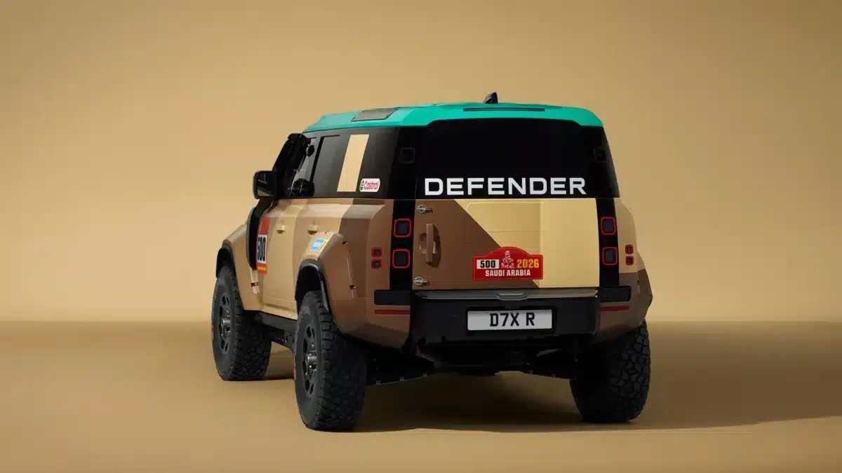 Rear view of Land Rover Defender Dakar Rally D7X-R production-based 4WD