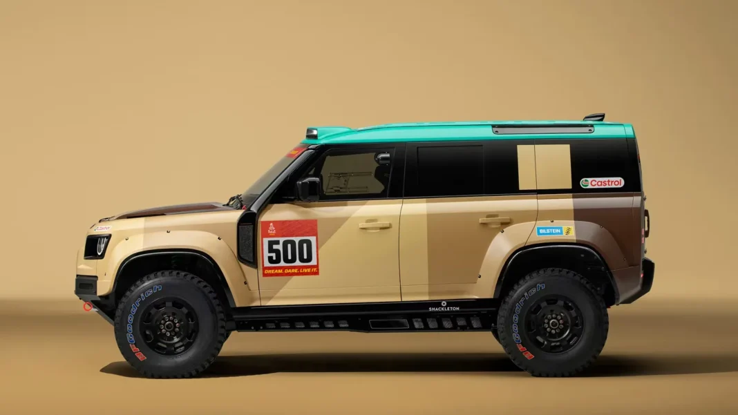 Side profile of Land Rover Defender Dakar Rally D7X-R production-based vehicle