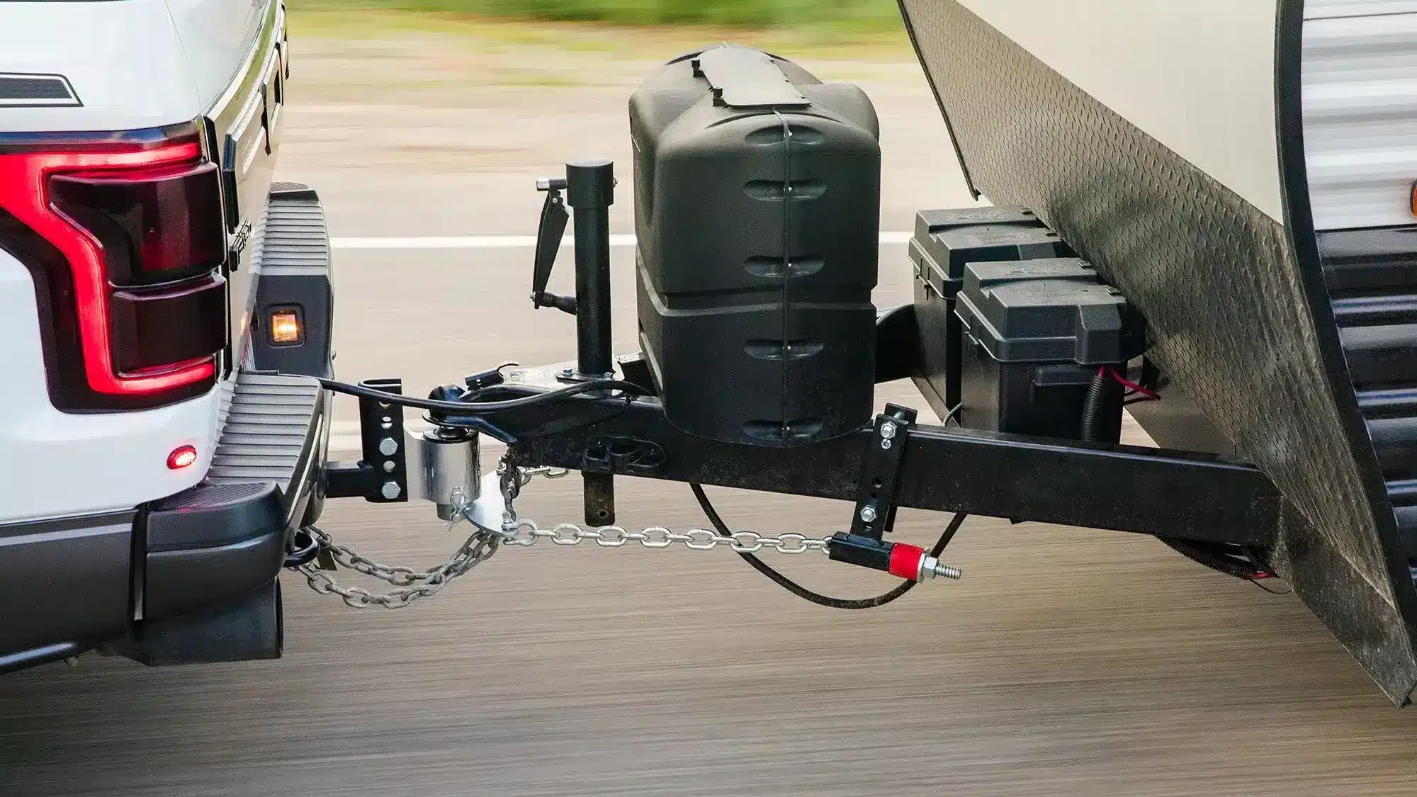 towing caravan with special hitch, view while driving