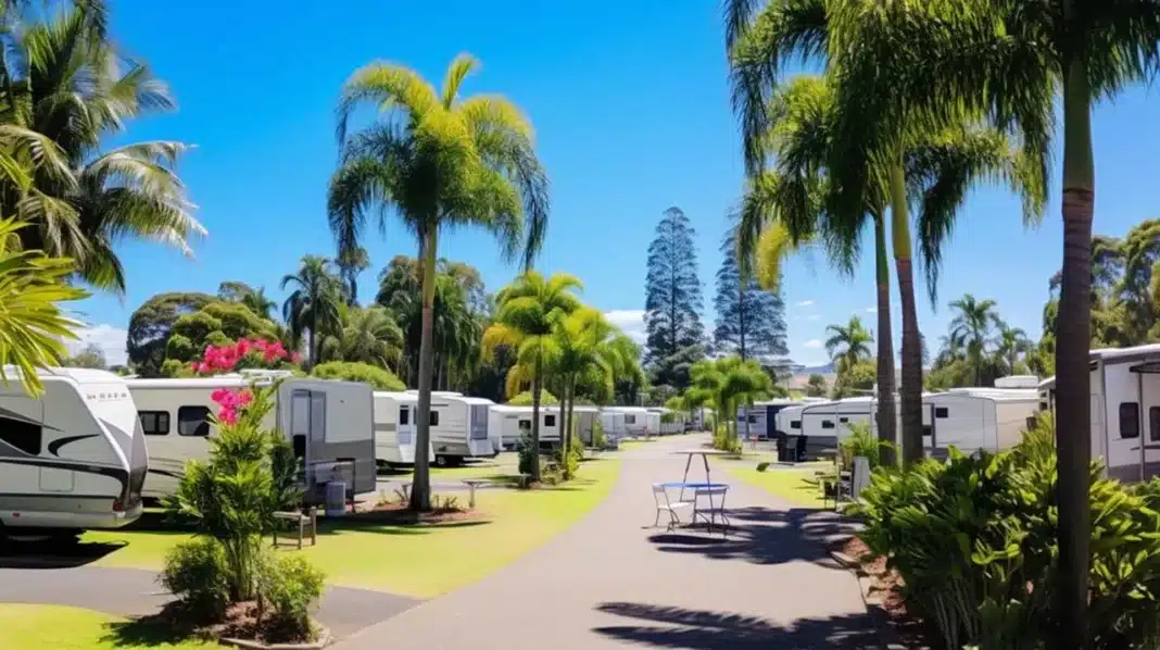 australian-caravan-park-palm-trees A well-maintained caravan park in Australia