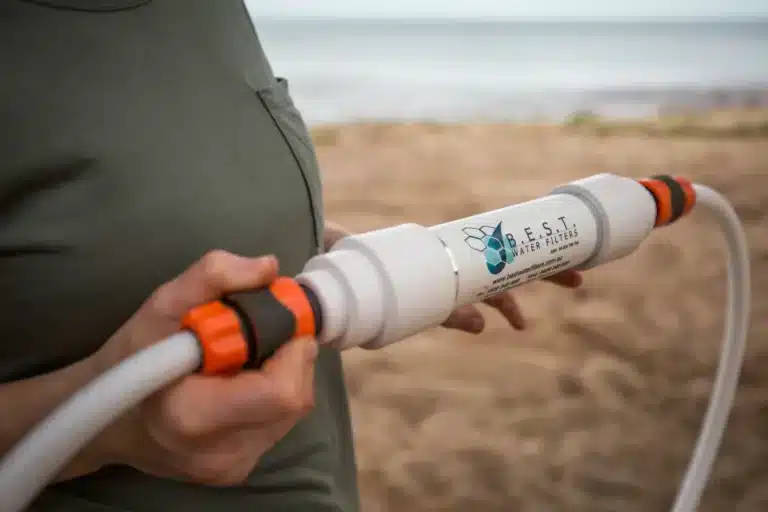 B.E.S.T water filter shown in working position. installed / fitted between running water lines