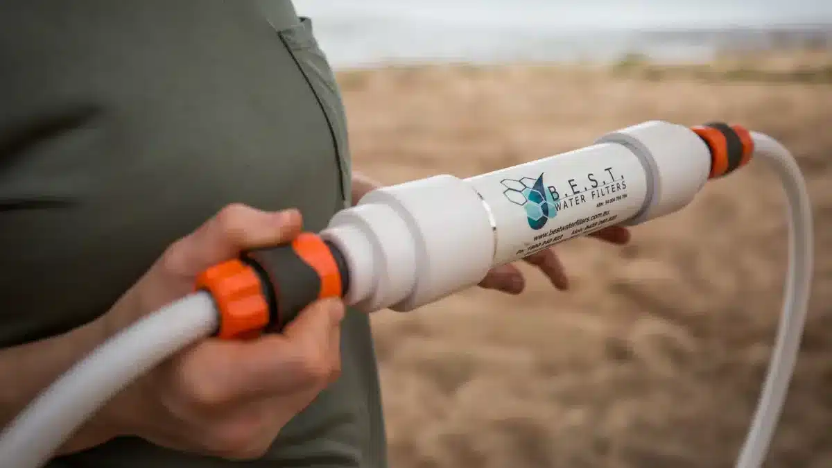 B.E.S.T water filter shown in working position. installed / fitted between running water lines