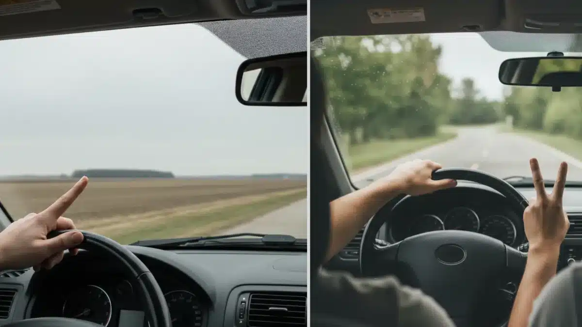 Two drivers acknowledging each other on a regional Australian road