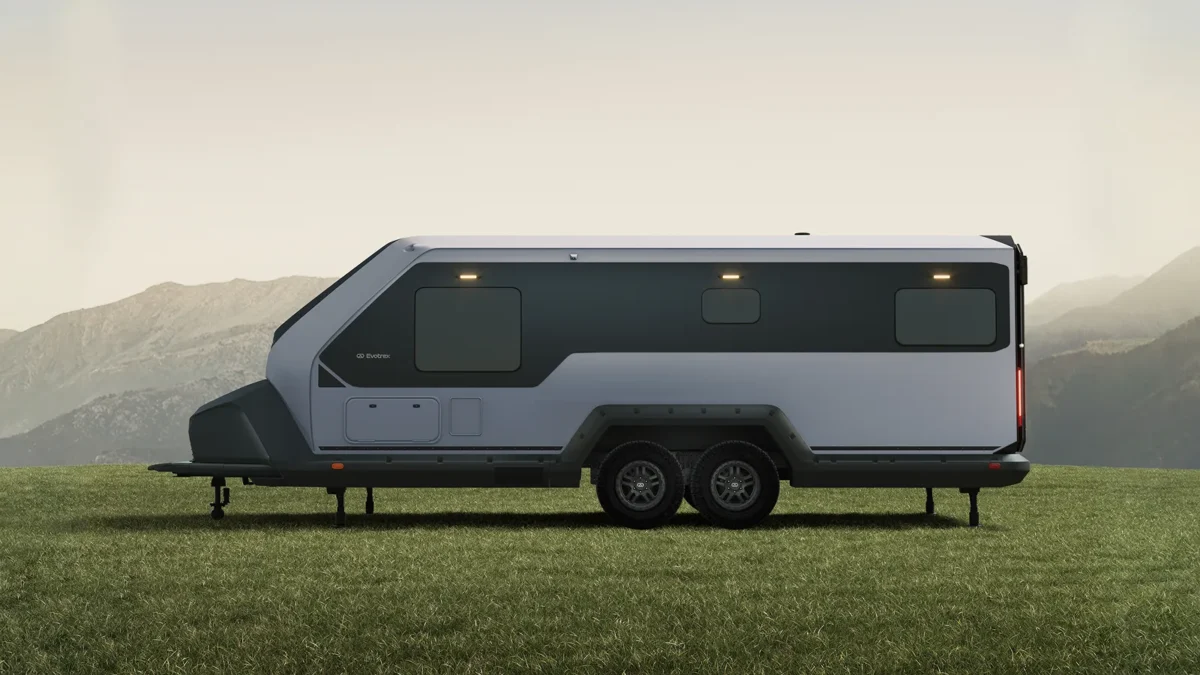 Full side elevation of the Evotrex PG5 RV trailer on level ground