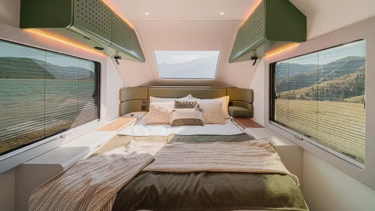 Bedroom area inside the Evotrex PG5 RV trailer with night lighting