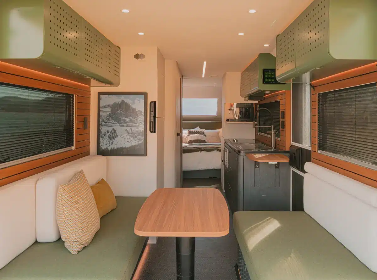 Interior bedroom layout inside the Evotrex PG5 RV trailer during daylight