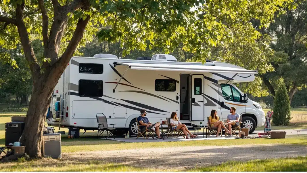A family set up beside a modern motorhome at an Australian holiday park