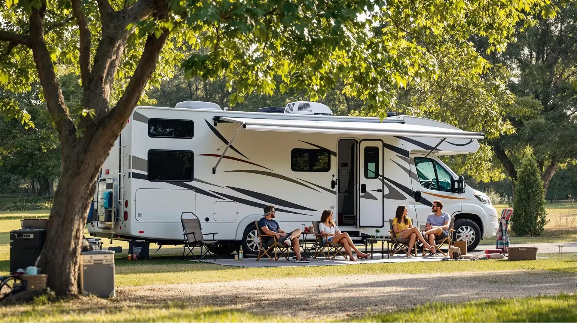 A family set up beside a modern motorhome at an Australian holiday park