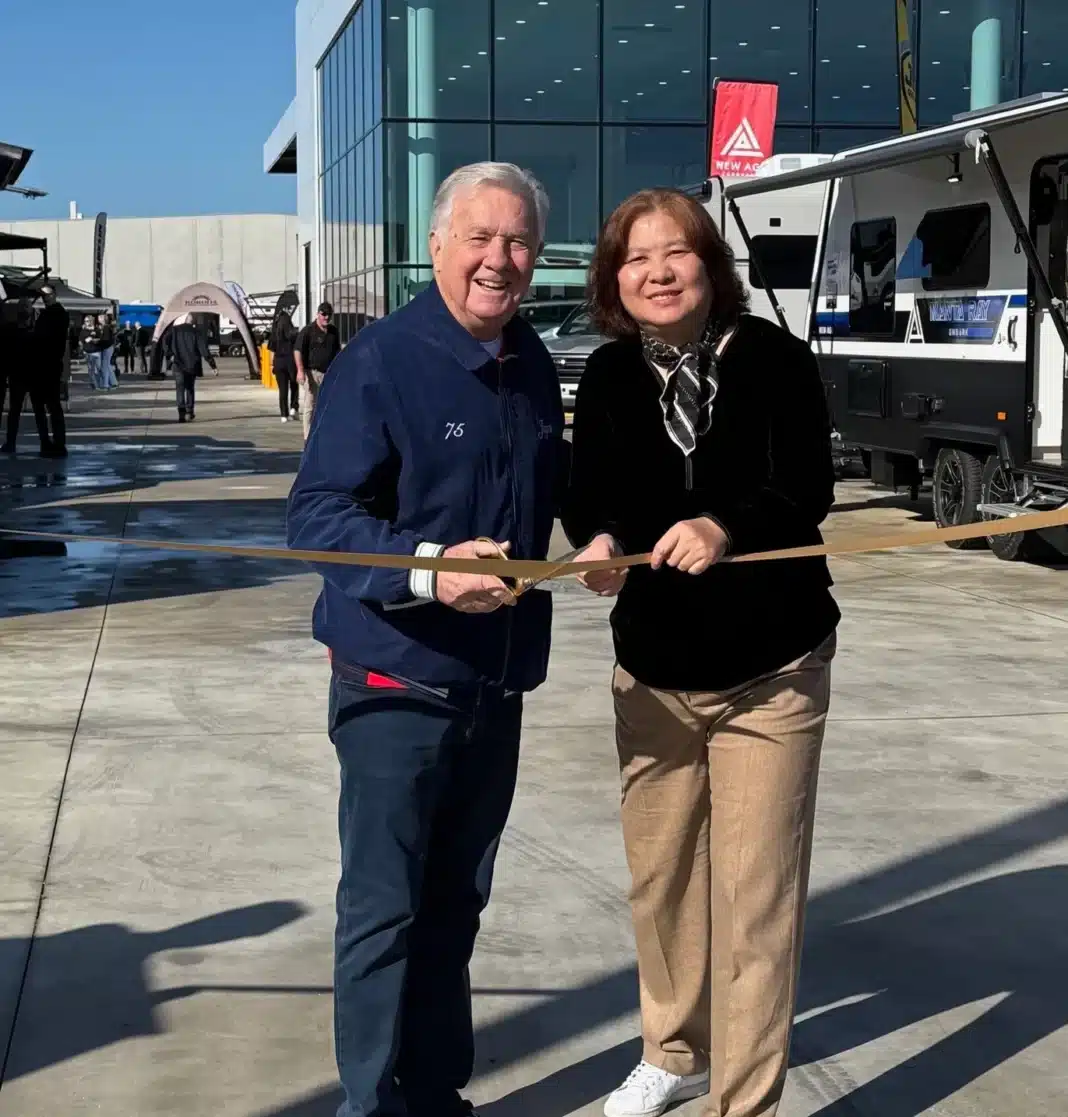 Jayco founder Gerry Ryan and JB Caravans director Sharon Xue at an Australian caravan event.