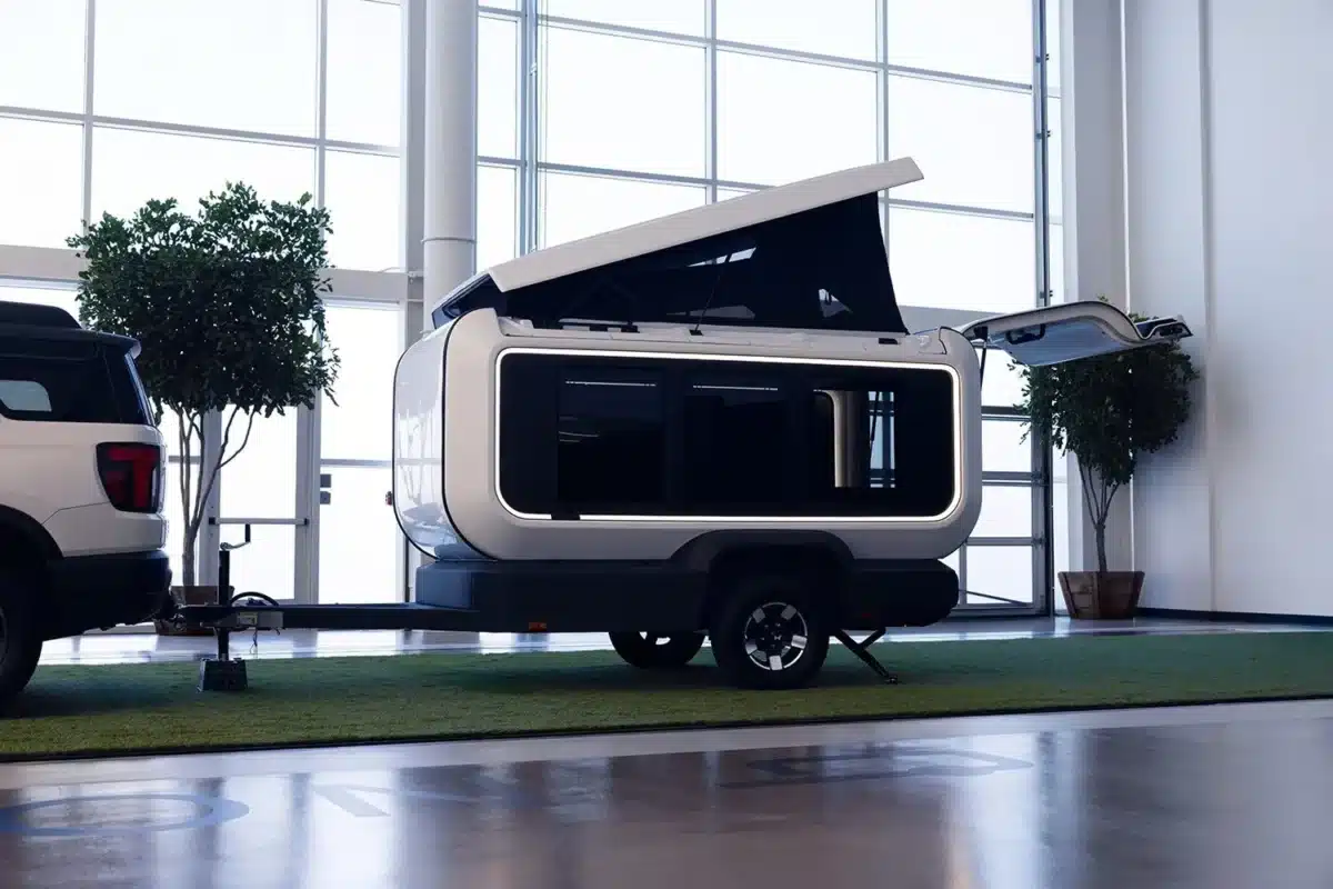 Honda Base Station travel trailer prototype with pop-up roof raised indoors
