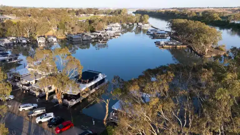 Aerial view of the Murray River near Murray Bridge Tourist Park in South Australia