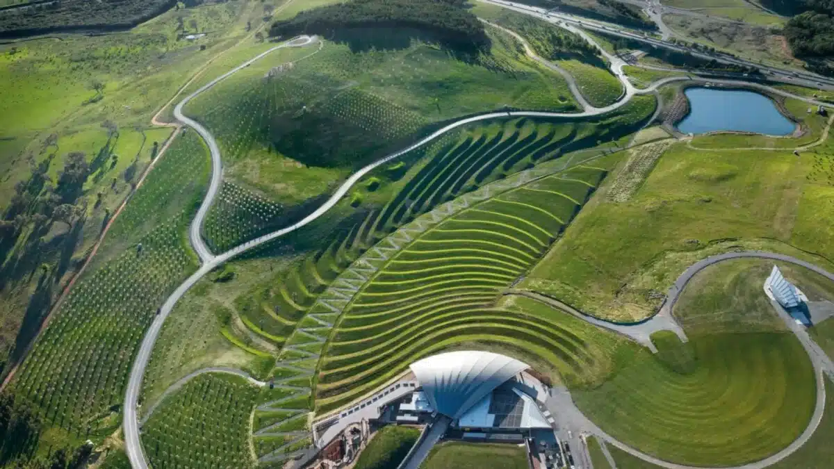 Aerial view of the National Arboretum Canberra and surrounding hills