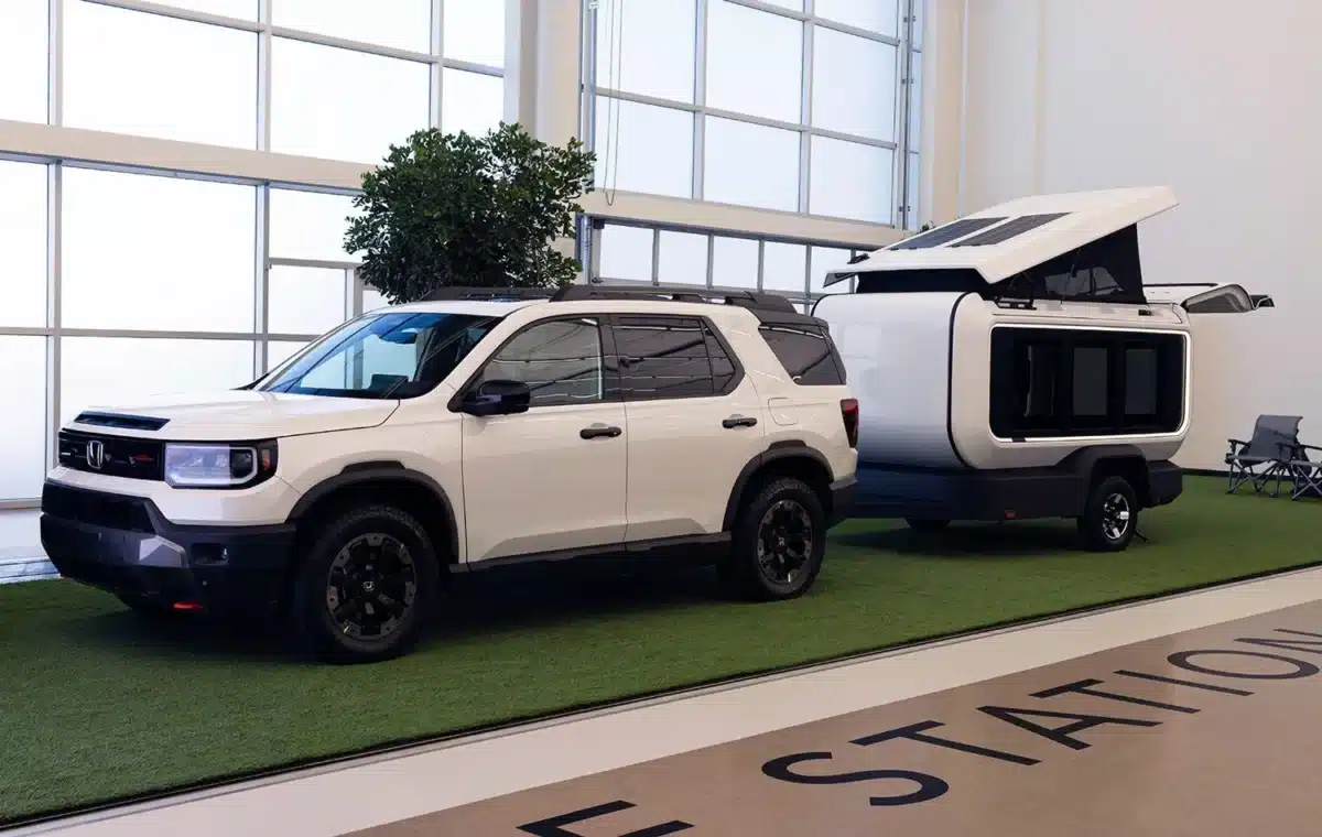 Honda Base Station travel trailer prototype being towed by a mid-size SUV