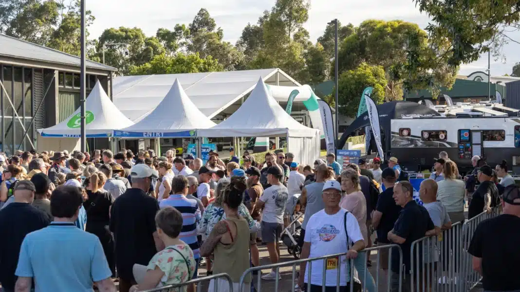 victorian-caravan-camping-supershow-crowds-exhibition-area Crowds gathered around caravan and camping exhibitors at the Victorian Caravan & Camping Supershow.