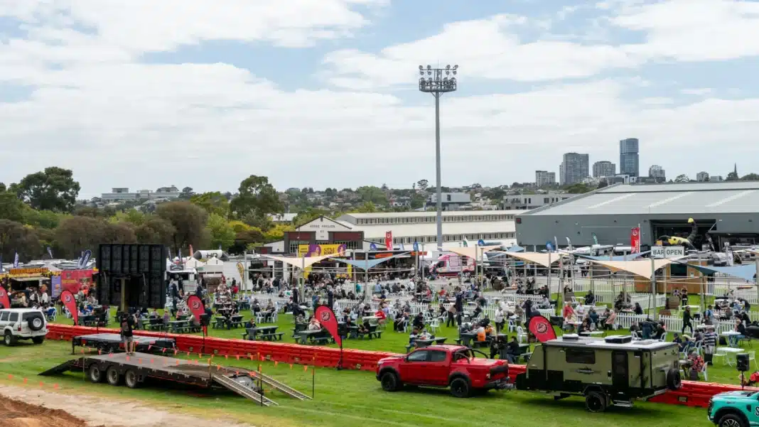 victorian-caravan-camping-supershow-melbourne-showgrounds-overview Wide view of caravans, camping displays and crowds at the Victorian Caravan & Camping Supershow at Melbourne Showgrounds.