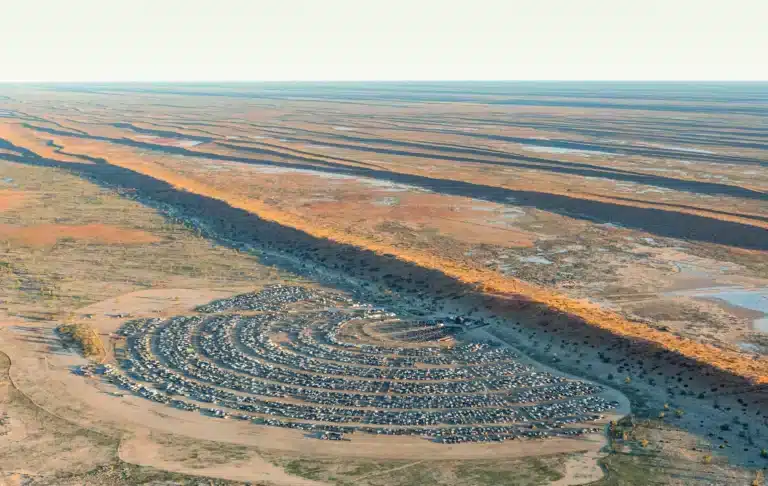 big red bash from drone or helicopter shot from above