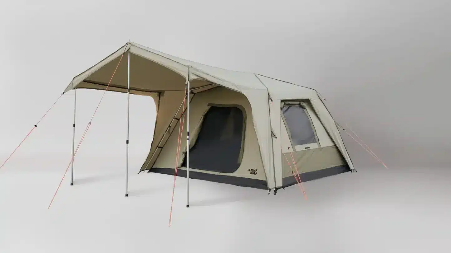 Camping tent with grey white background studio