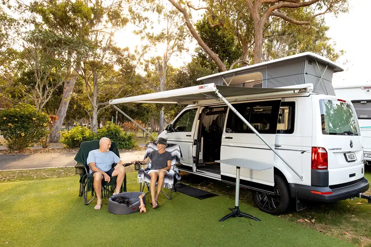 Camper setup at sunset in australian caravan park