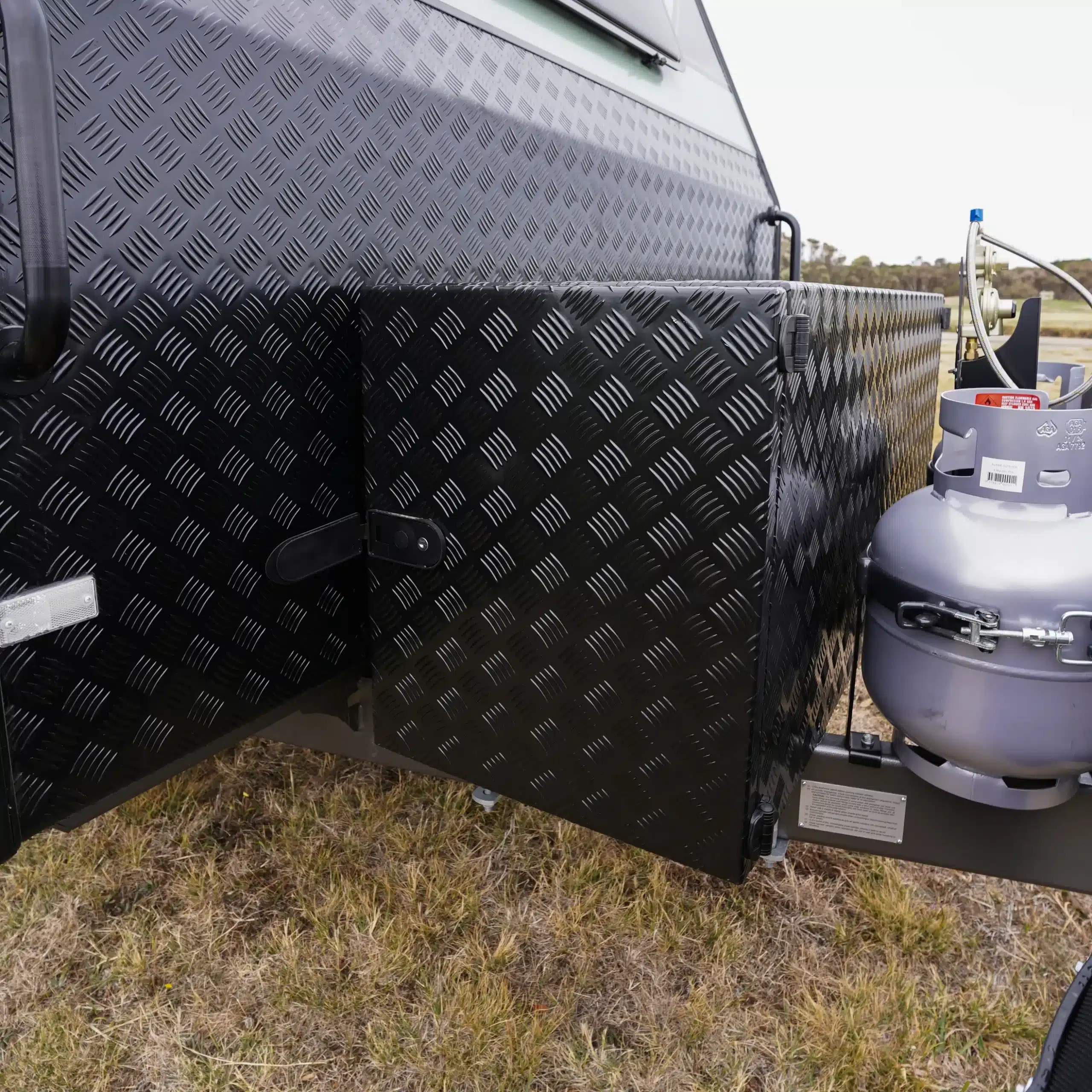 close up of caravan toolbox installed on caravan