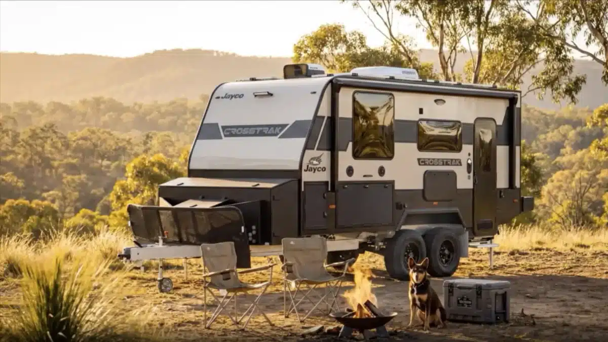 Jayco hybrid caravan set up at an off-grid bush campsite, reflecting changing Australian travel habits in 2026