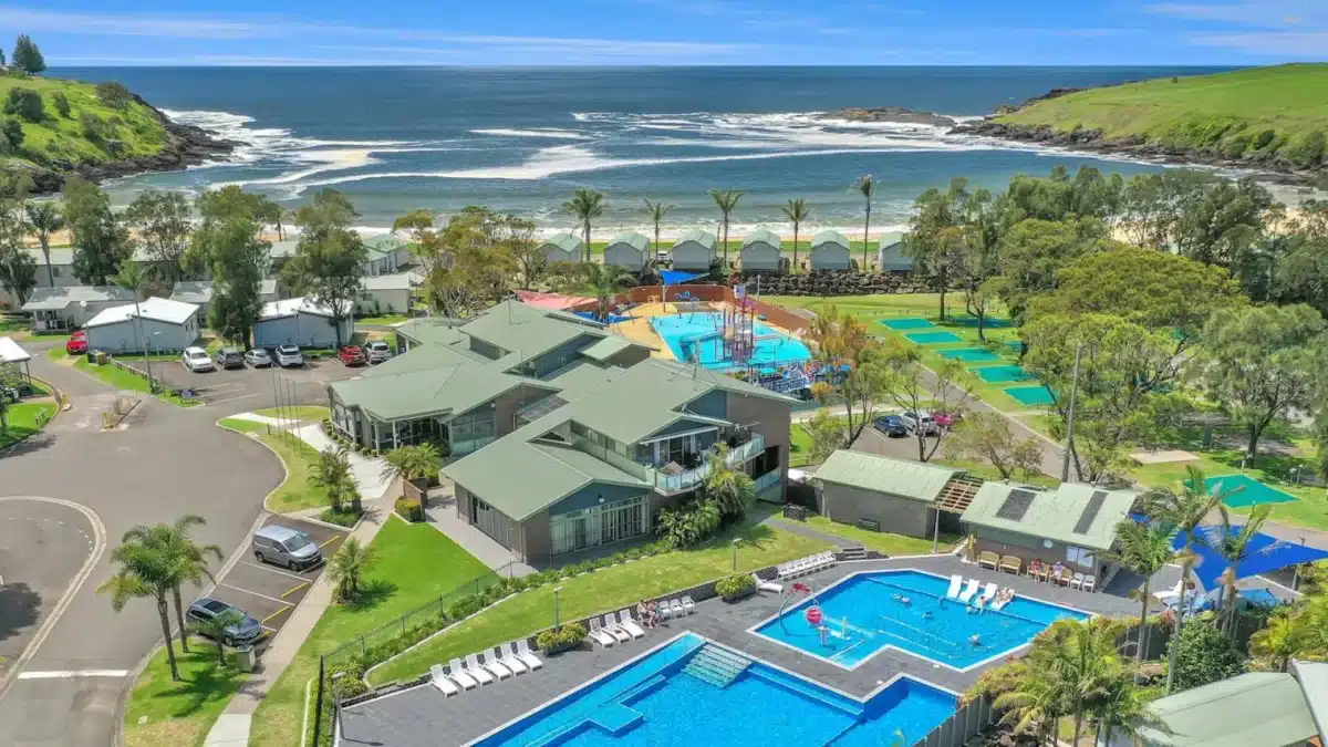 BIG4 Easts Beach Holiday Park in Kiama showing pool area and beachfront location