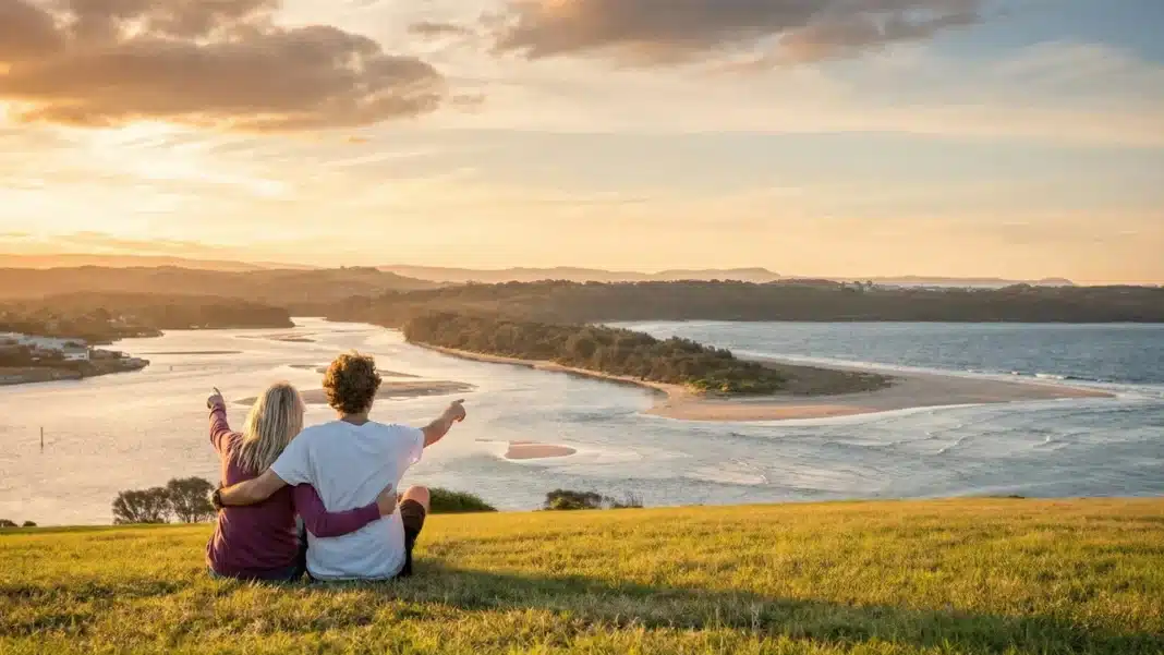 Couple overlooking the NSW South Coast at sunset during a caravan holiday