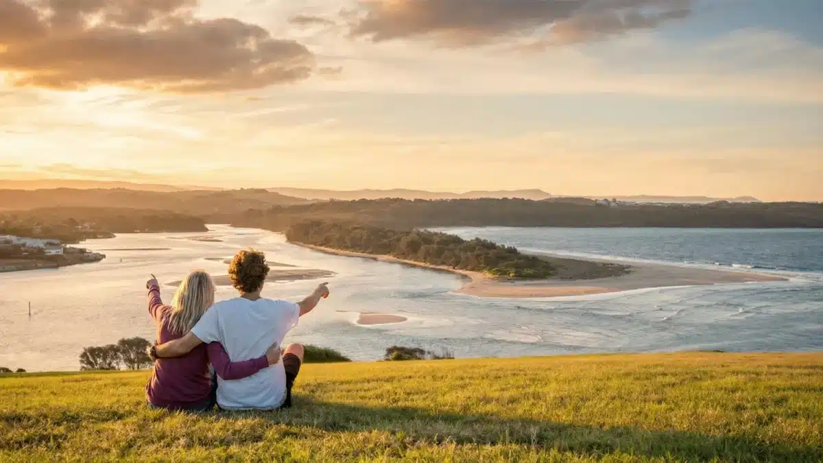 Couple overlooking the NSW South Coast at sunset during a caravan holiday