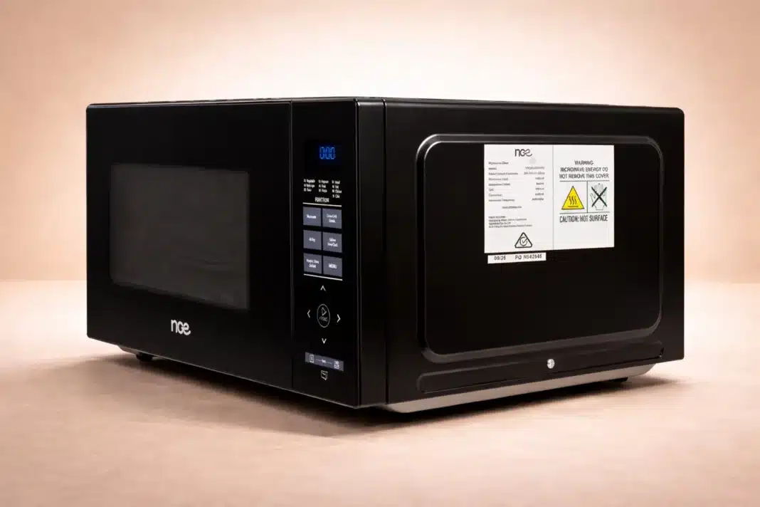 nce-29l-convection-microwave-rear-angle Rear angle view of NCE 29L convection microwave showing ventilation panel and rear casing