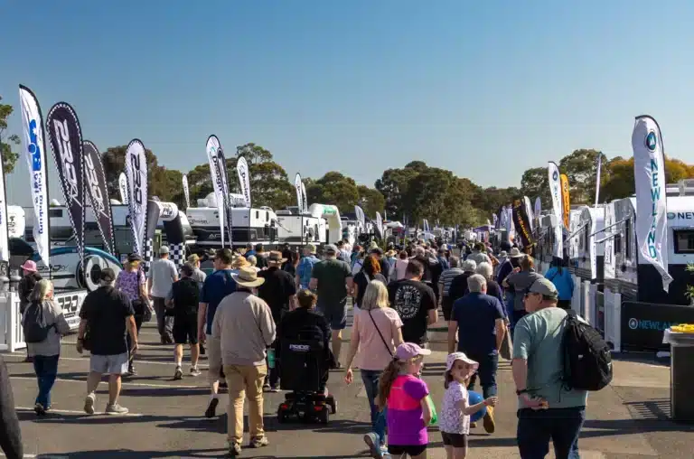 Crowds inspecting caravans at a February 2026 caravan show in Melbourne